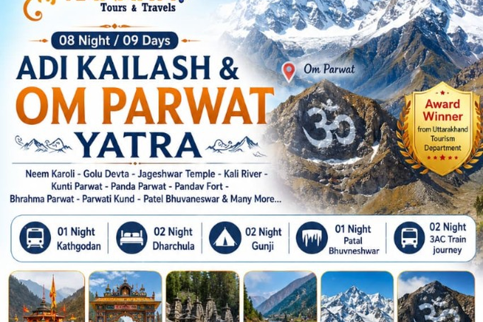 Adi Kailash Om Parvat Yatra 2026 flyer — 8 nights 9 days from Mumbai with 3AC train