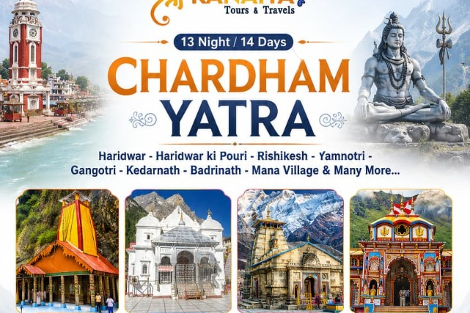Char Dham Yatra 13N/14D from Mumbai — Yamunotri, Gangotri, Kedarnath, Badrinath. Departure 18 Sep 2026. ₹34,500 with 3AC train.