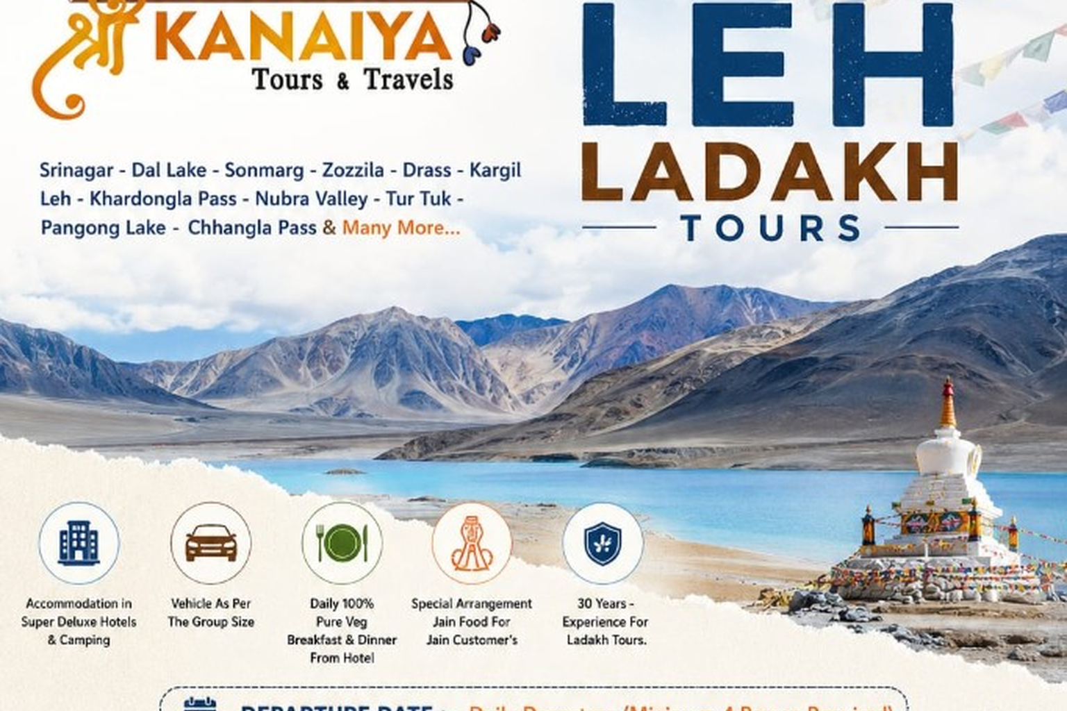 Leh Ladakh Tours from Mumbai — Srinagar, Pangong Lake, Nubra Valley, Khardung La. From ₹27,500. Pure veg and Jain food.